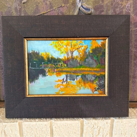 Oil painting landscape reflections autumn sunrise Willow Park golf course 2015 - Picture 1 of 14